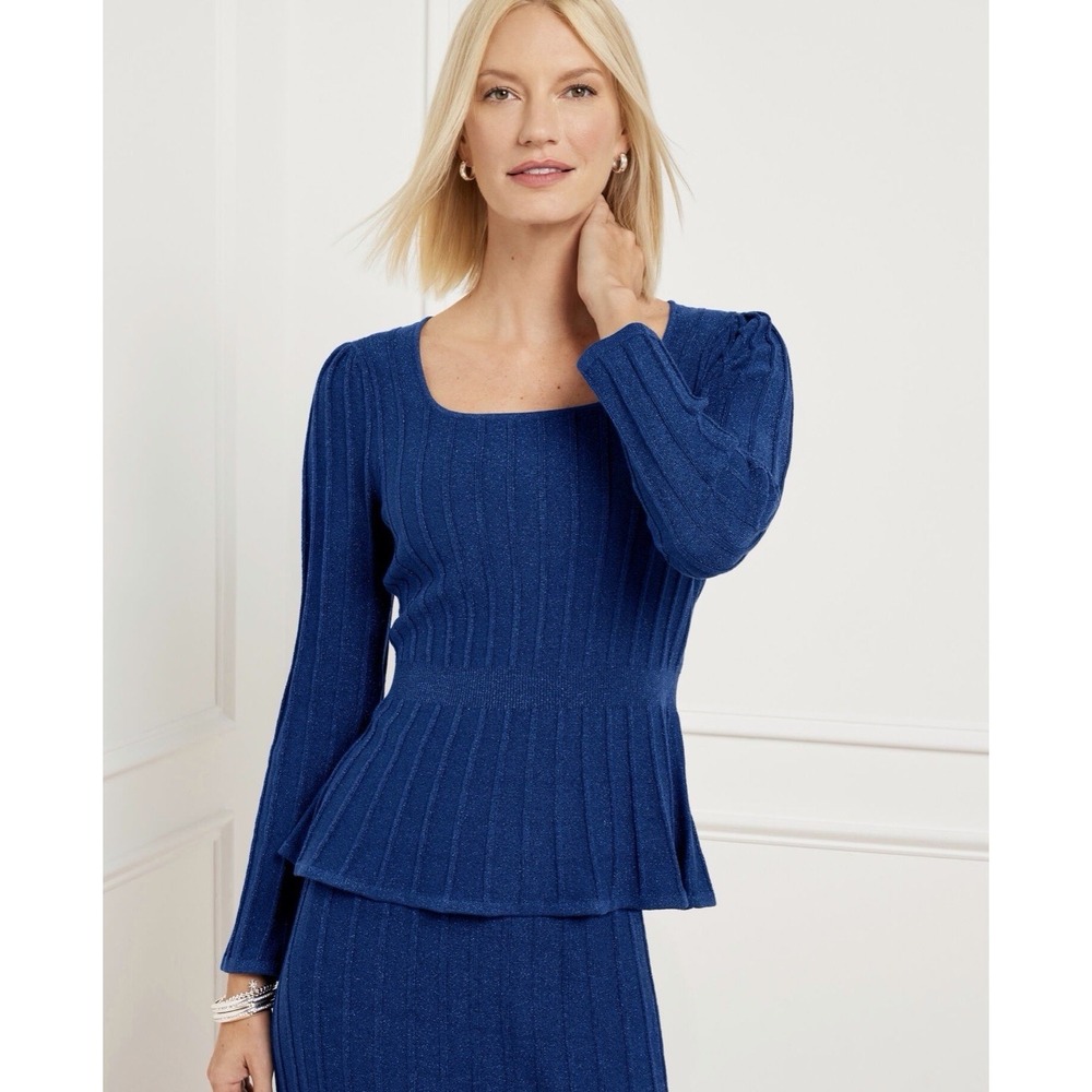 Talbots Women's Blue Pointelle Ribbed Peplum Sweater Glam Party Large New